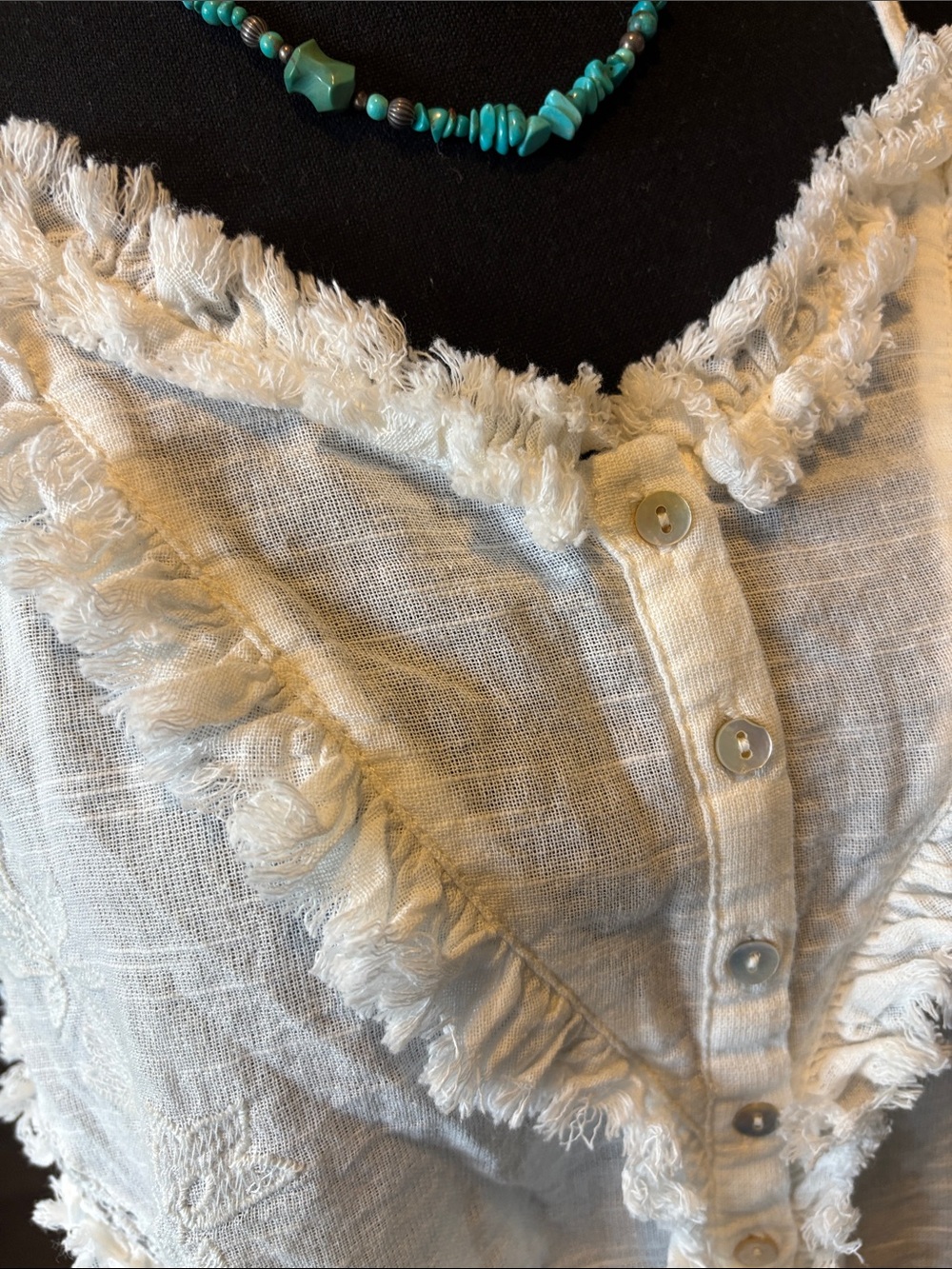 Boho Embroidered (Size M) Women's Cream Fringe-Trim Button Front Cami Top - Picture 2 of 10